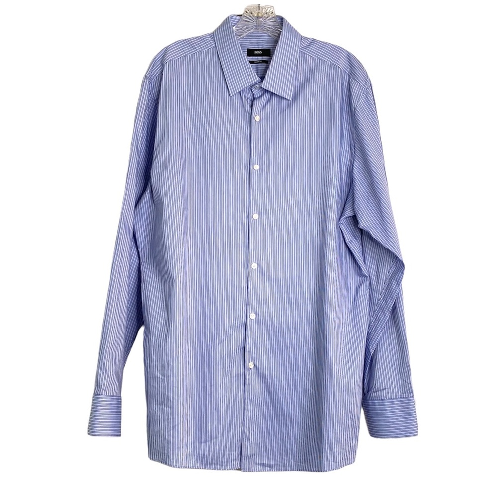 Boss Hugo Boss Mens Sharp Fit Blue Pinstripe Button Front Dress Shirt 17L 34/35
